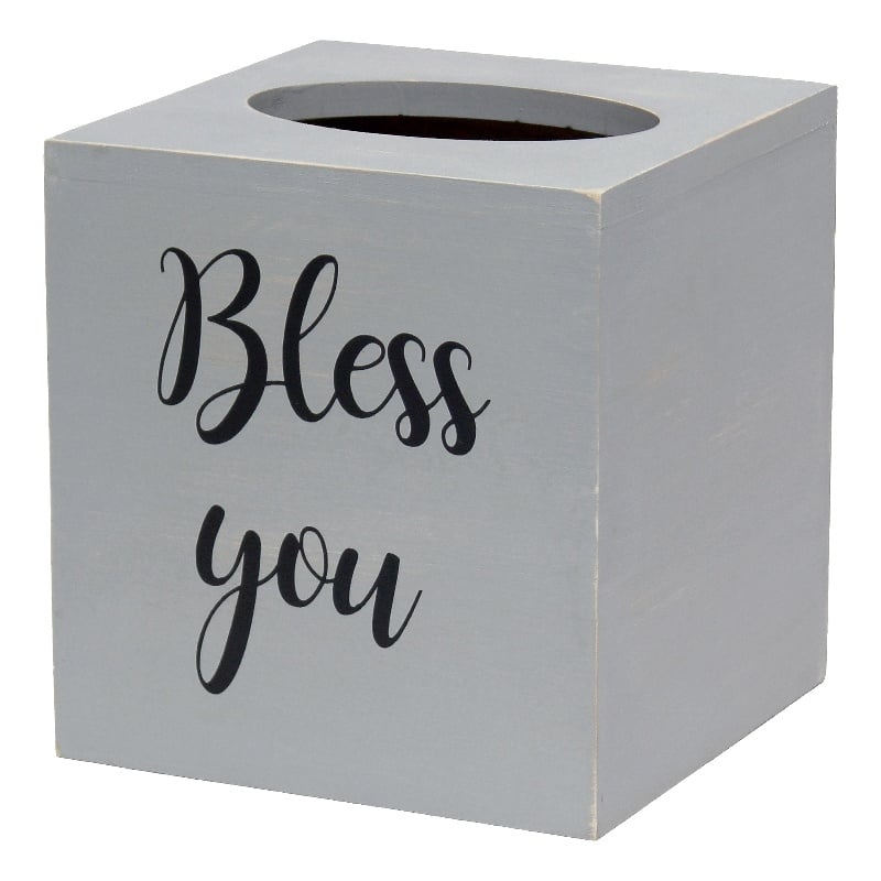 Elegant Designs Wood Tissue Box Cover with Sliding Base & Black Script - Gray