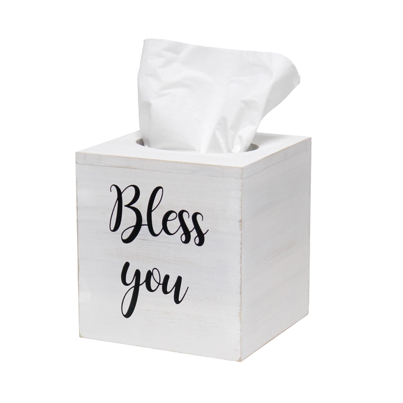 Elegant Designs Wood Tissue Box Cover with Sliding Base & Black Script - White