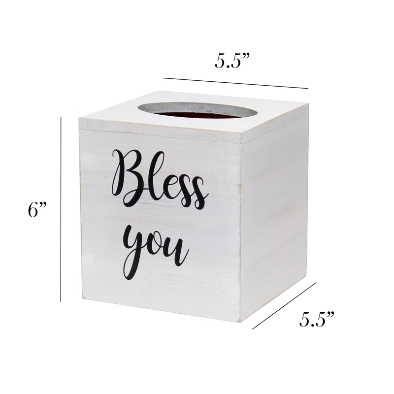 Elegant Designs Wood Tissue Box Cover with Sliding Base & Black Script - White