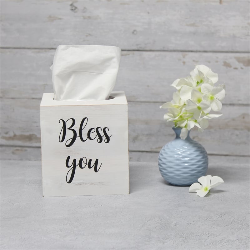 Elegant Designs Wood Tissue Box Cover with Sliding Base & Black Script - White