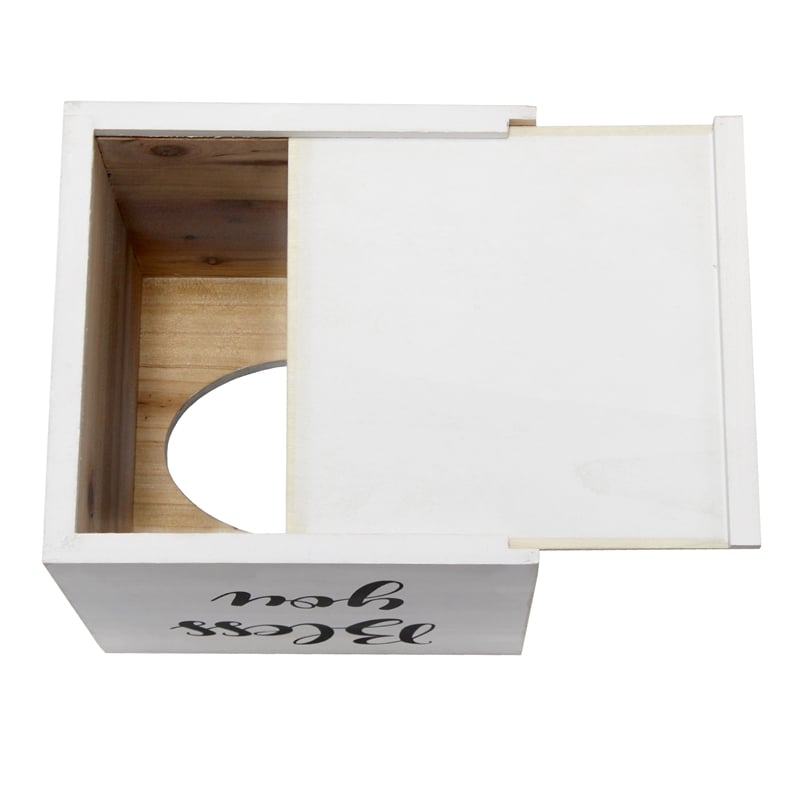 Elegant Designs Wood Tissue Box Cover with Sliding Base & Black Script - White