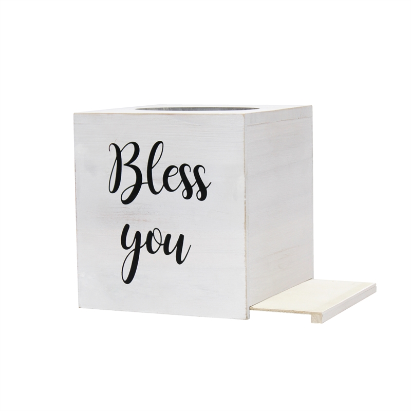 Elegant Designs Wood Tissue Box Cover with Sliding Base & Black Script - White
