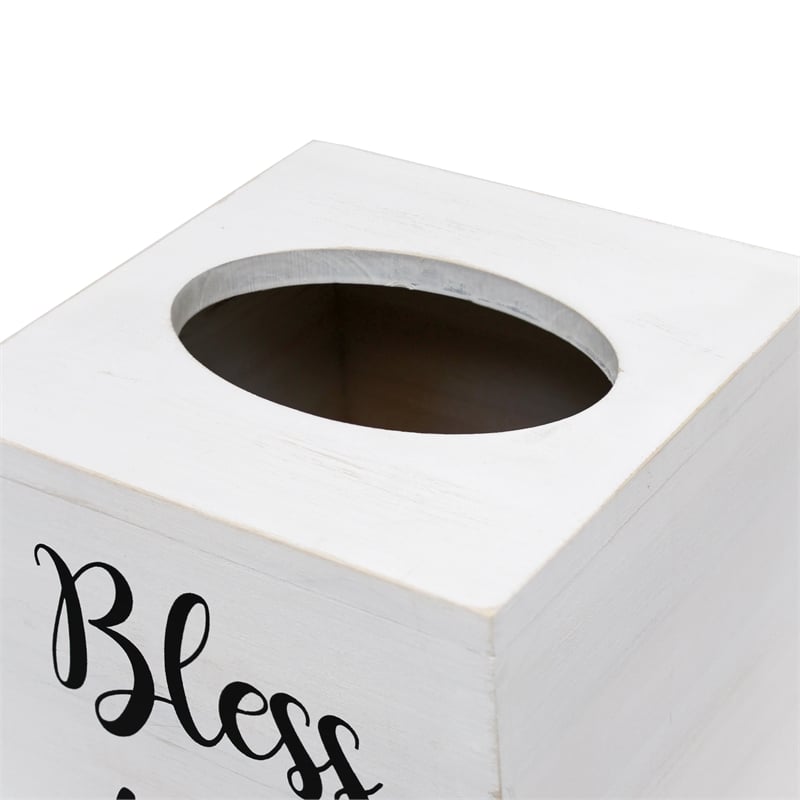 Elegant Designs Wood Tissue Box Cover with Sliding Base & Black Script - White