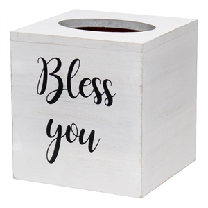 Elegant Designs Wood Tissue Box Cover with Sliding Base & Black Script - White
