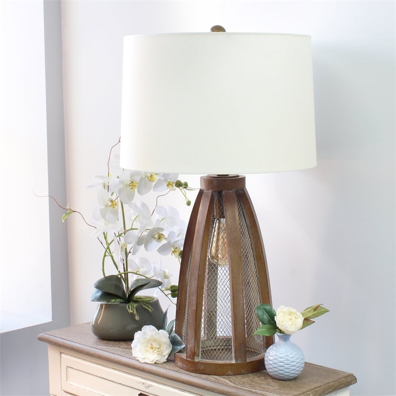 Elegant Designs Vintage Farmhouse Wood and Netted 2 Light Table Lamp Old Wood