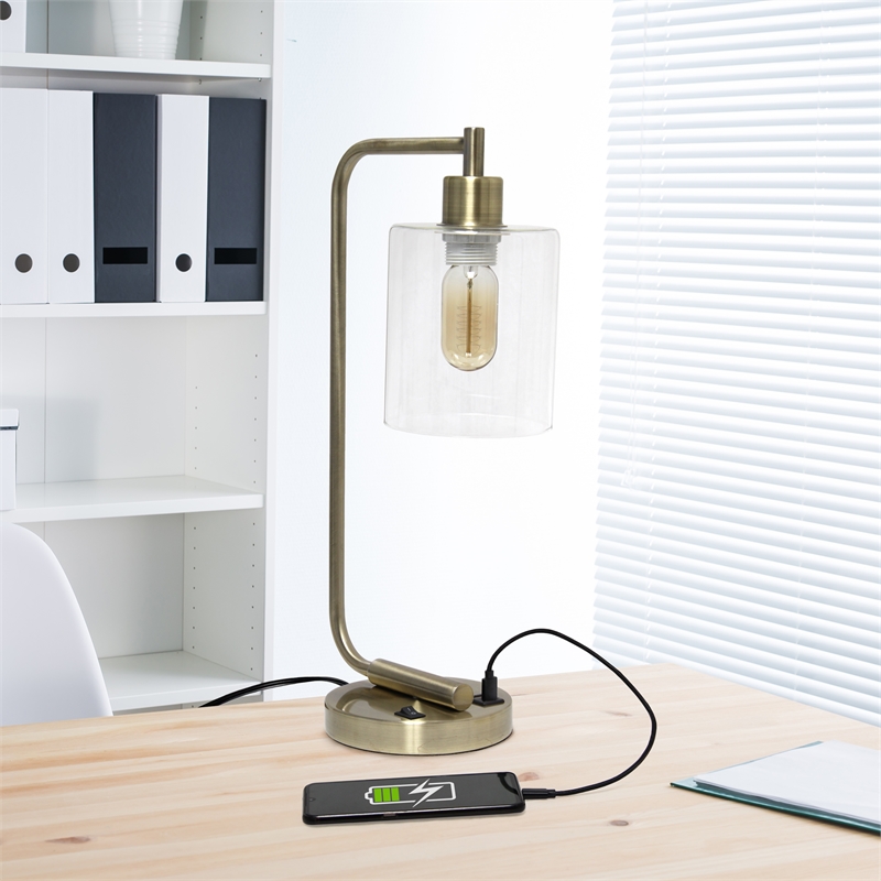 Simple Designs Industrial Iron Lantern Desk Lamp with USB - Antique Brass