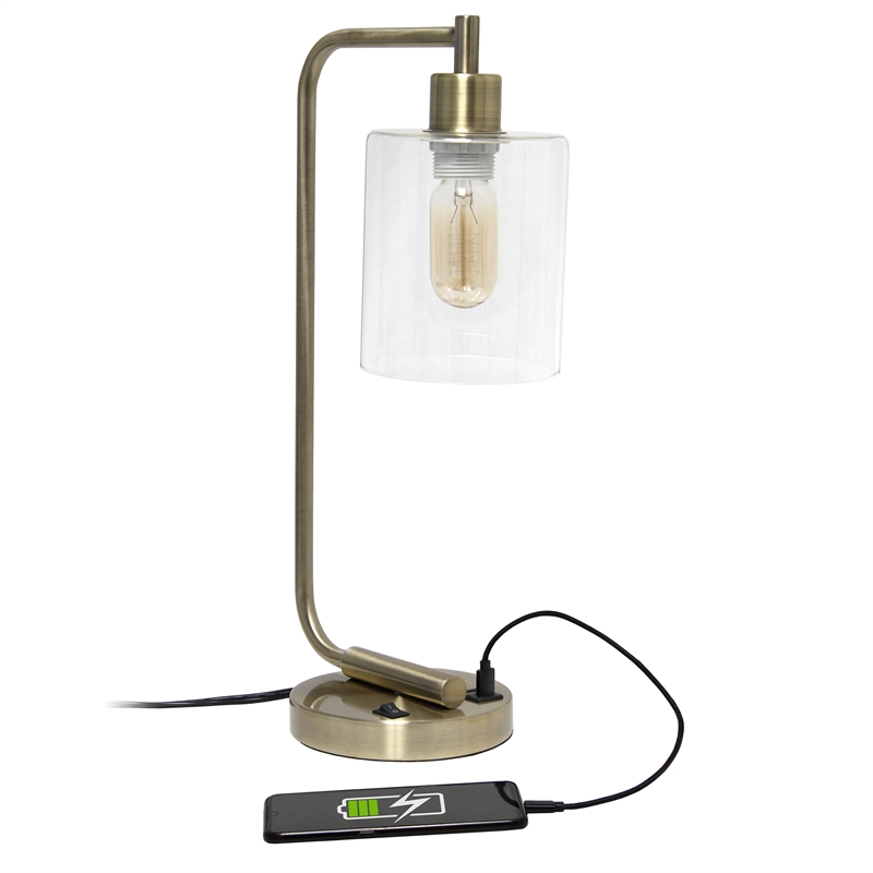 Simple Designs Industrial Iron Lantern Desk Lamp with USB - Antique Brass
