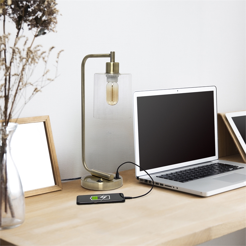 Simple Designs Industrial Iron Lantern Desk Lamp with USB - Antique Brass