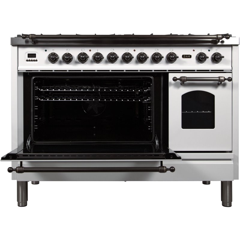 ILVE Nostalgie 48" NG Metal Double Oven Dual Fuel Range in White/Bronze