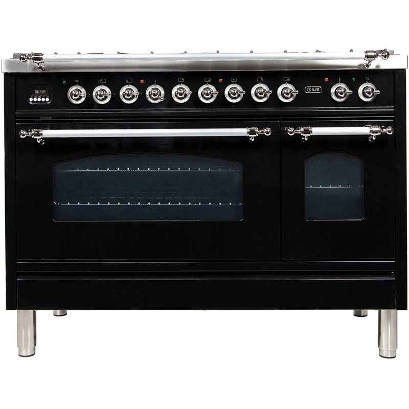 ILVE Nostalgie 48" NG Metal Double Oven Dual Fuel Range in Glossy Black