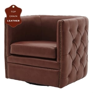 NPD Furniture Leslie 18&quot Top Grain Leather Swivel Tufted Chair in Brown