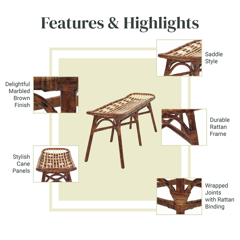 NPD Furniture Beyla Rattan Bench with Curving Seat in Marble Brown