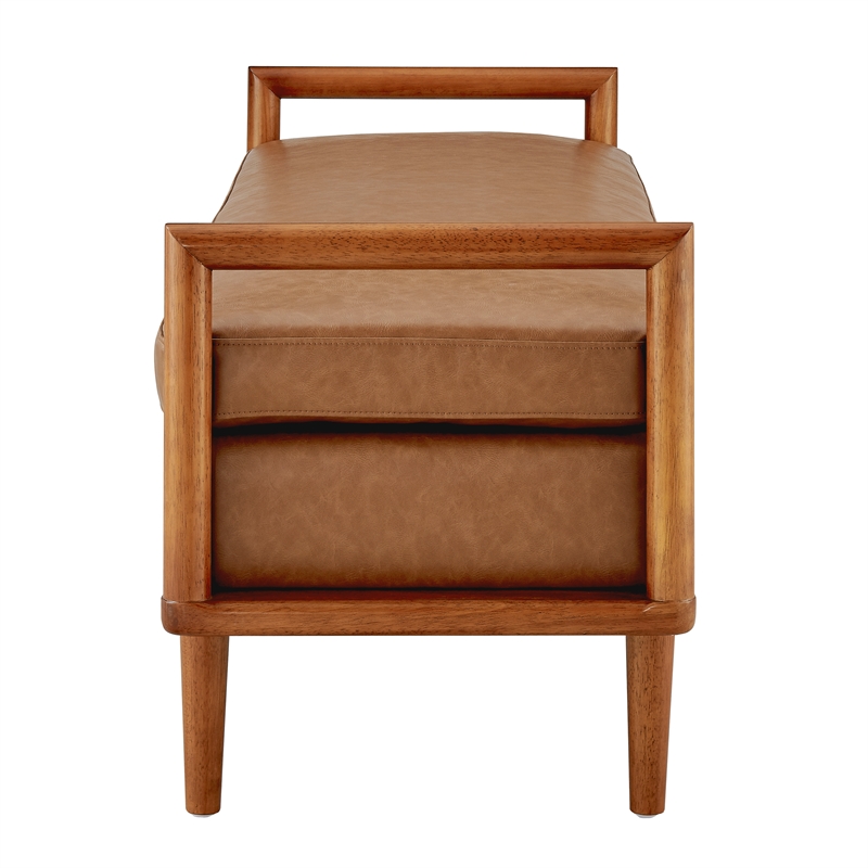 NPD Furniture William Mid-Century Faux Leather Bench in Vintage Cider Brown
