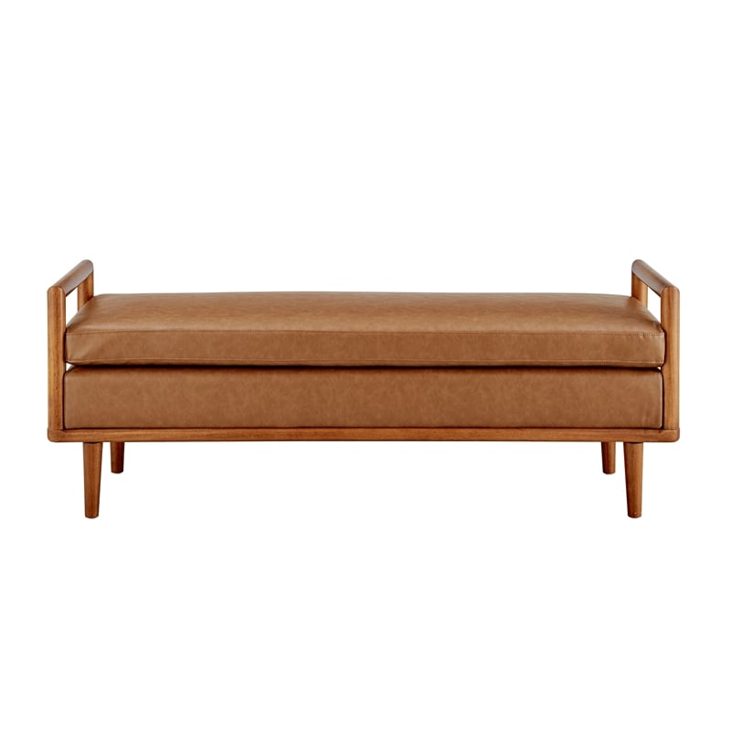 NPD Furniture William Mid-Century Faux Leather Bench in Vintage Cider Brown