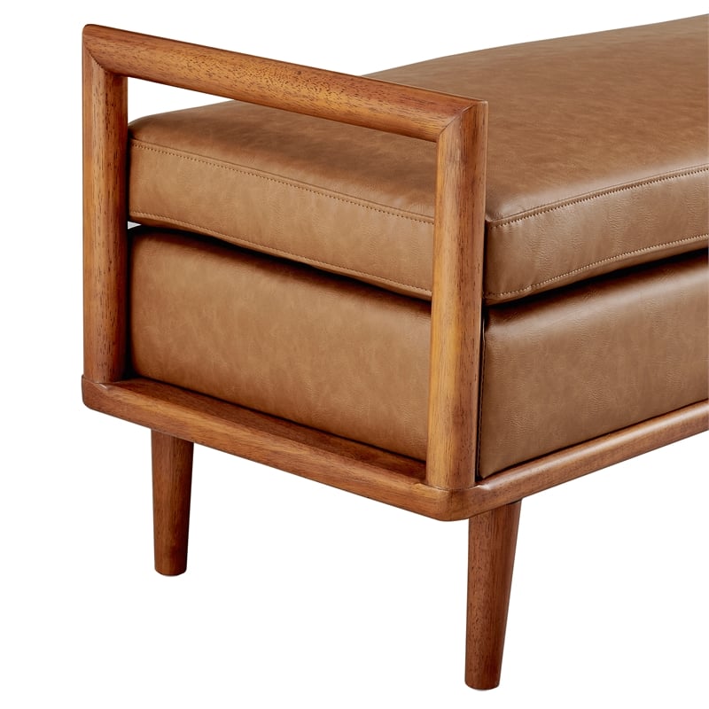 NPD Furniture William Mid-Century Faux Leather Bench in Vintage Cider Brown