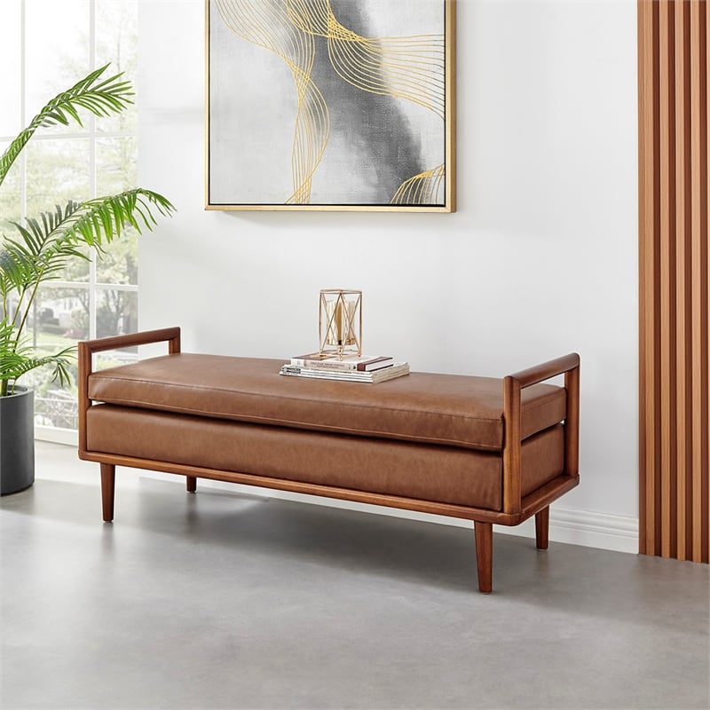 NPD Furniture William Mid-Century Faux Leather Bench in Vintage Cider Brown