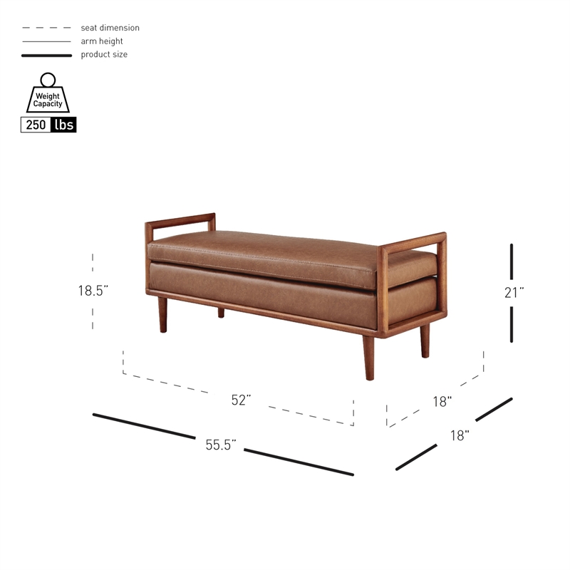 NPD Furniture William Mid-Century Faux Leather Bench in Vintage Cider Brown