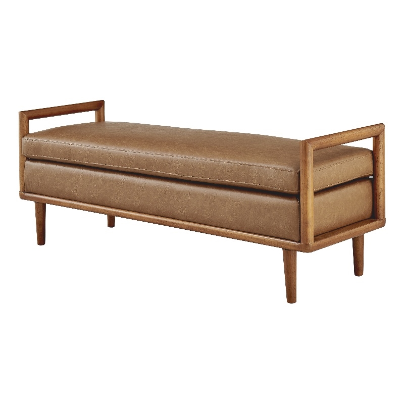 NPD Furniture William Mid-Century Faux Leather Bench in Vintage Cider Brown