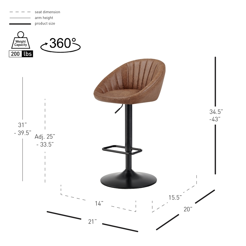 NPD Furniture Watson Faux Leather Gaslift Swivel Bar Stool in Umber Brown