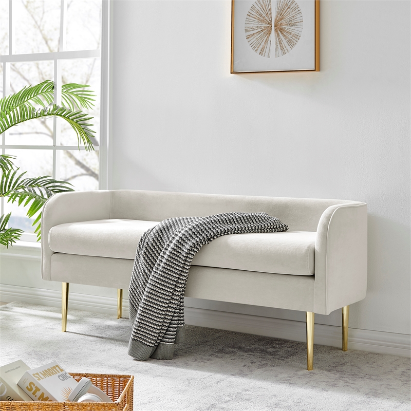 NPD Furniture Marsha KD Velvet Fabric Bench in Dainty Cream