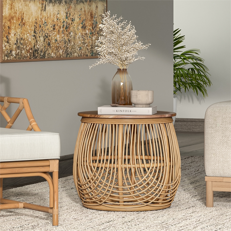 NPD Furniture Arlo Rattan Side/ End Table w/ Wood Top in Honey