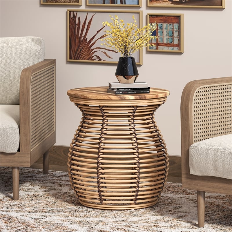 New Pacific Direct Quito Rattan Side/ End Table w/ Wood Top in Honey