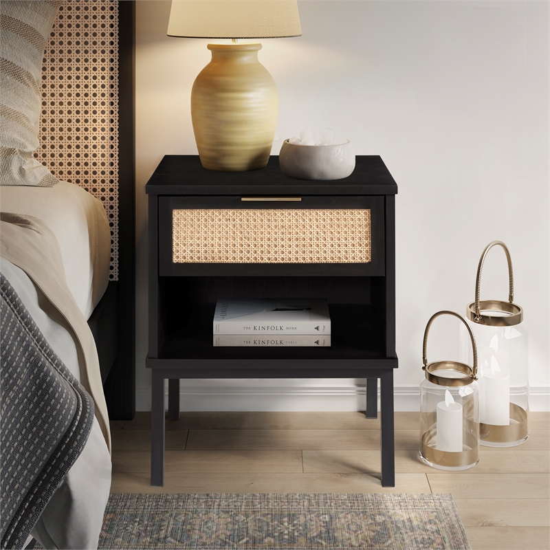 NPD Furniture Caine Rattan Nightstand/ Side Table in Black