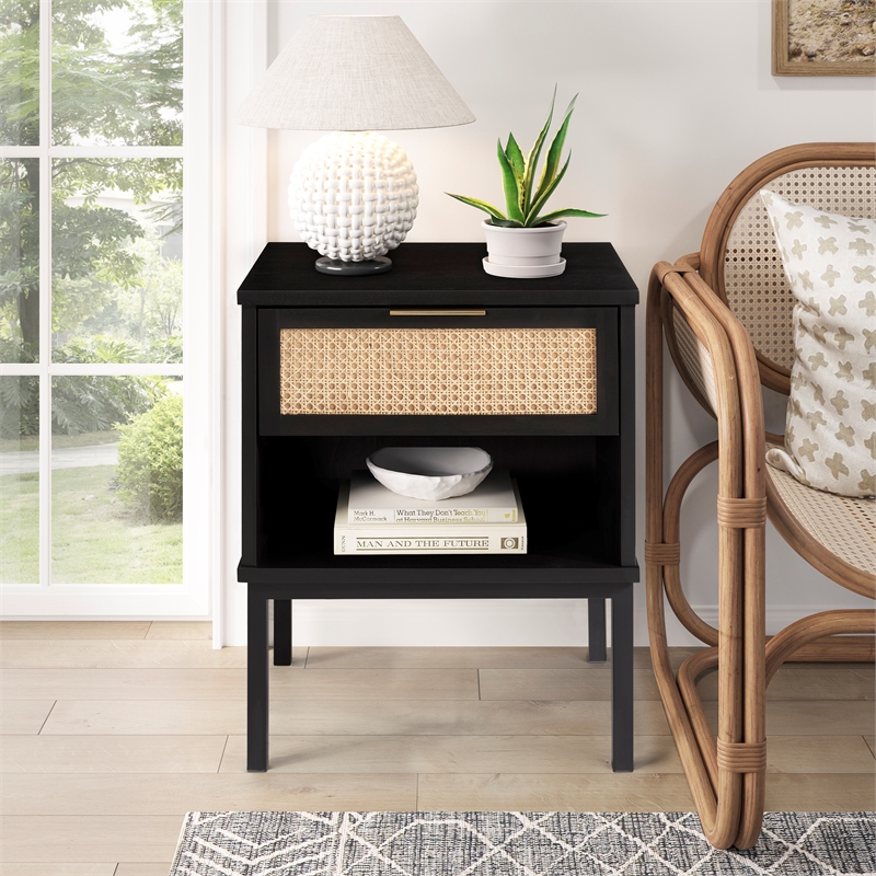 NPD Furniture Caine Rattan Nightstand/ Side Table in Black