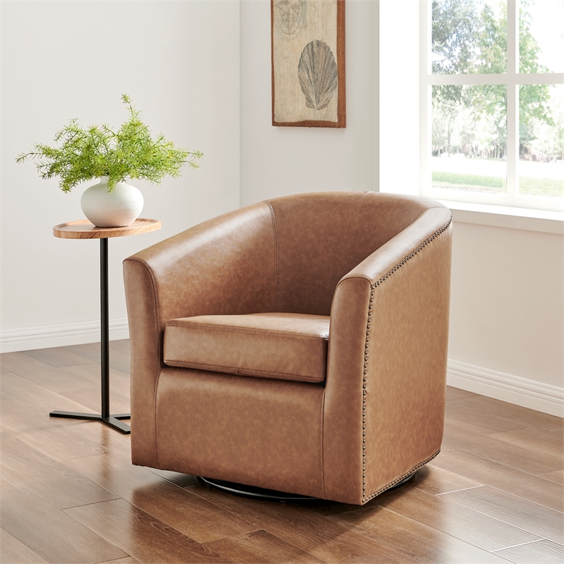 NPD Furniture Ernest Faux Leather Swivel Accent Arm Chair in Vintage Cider