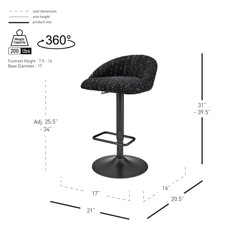 NPD Furniture Jorrell Fabric Gaslift Swivel Bar Stool in Black (Set of 2)
