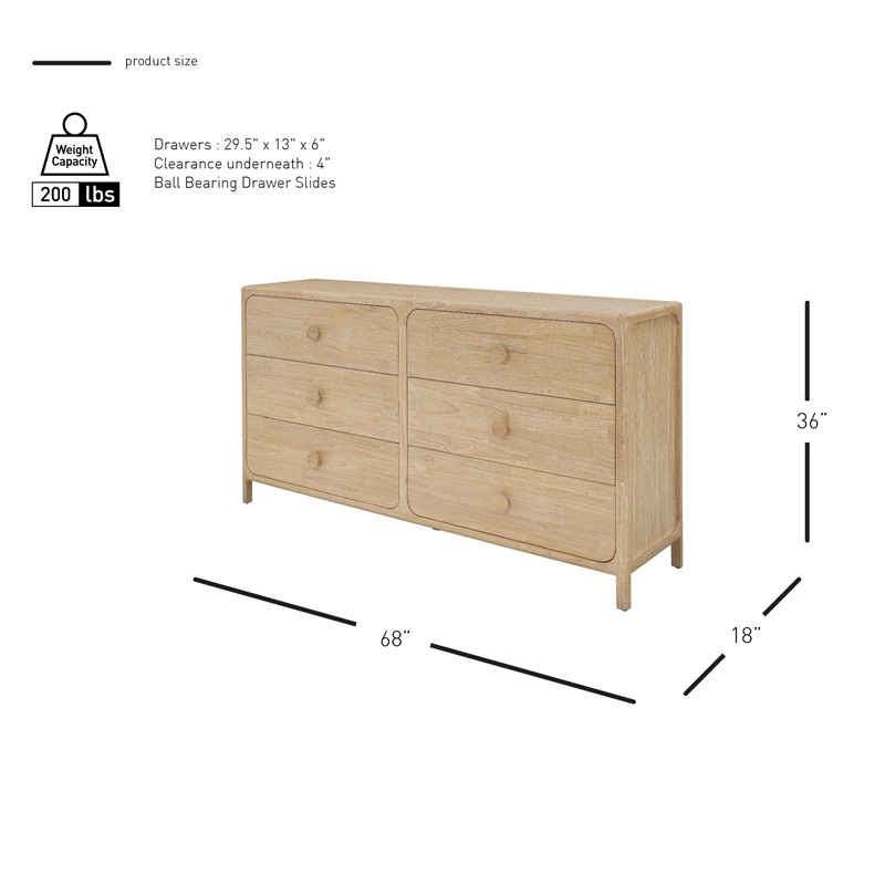 New Pacific Direct Hansville Dresser 6 Drawers in Natural Whitewash