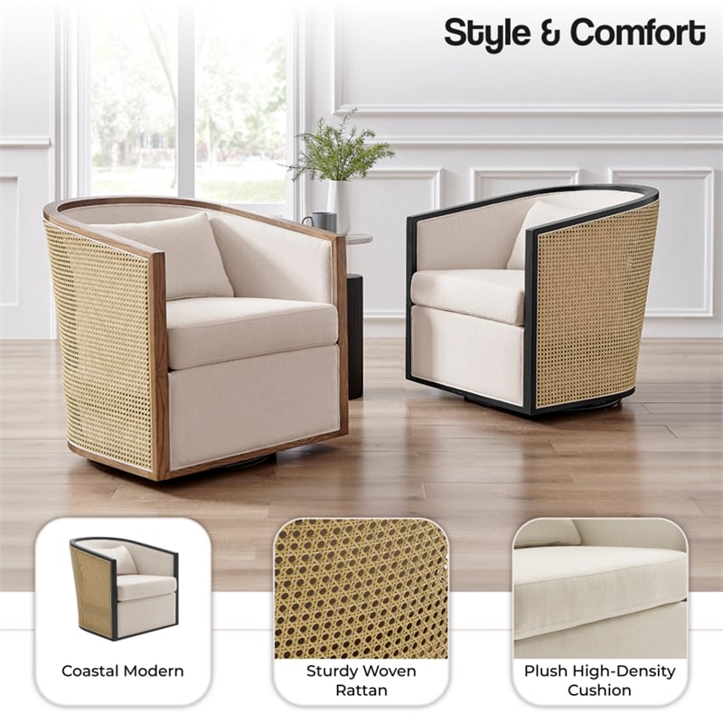 NPD Furniture Marilyn Fabric Swivel Accent Arm Chair w/ Rattan Black Frame