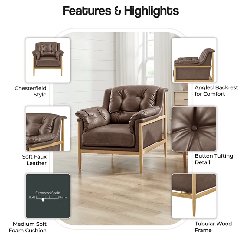 NPD Furniture Larry Faux Leather Tufted Accent Arm Chair in Casa Brown