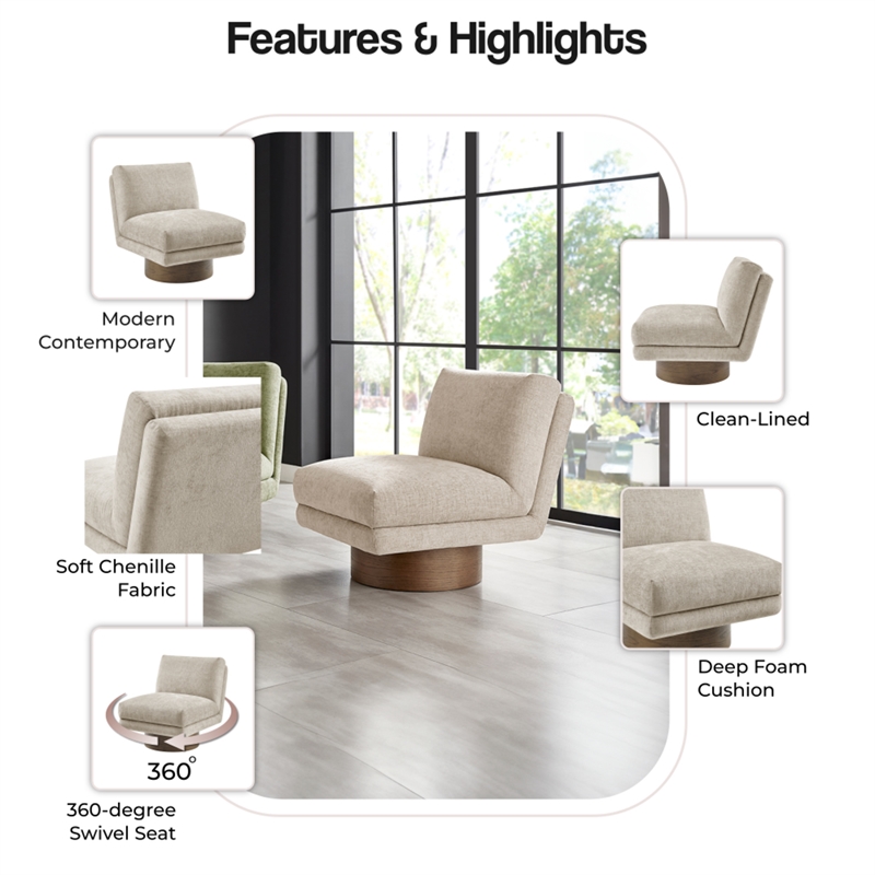 NPD Furniture Zenda Fabric Swivel Accent Chair w/ Wooden Base in Beige