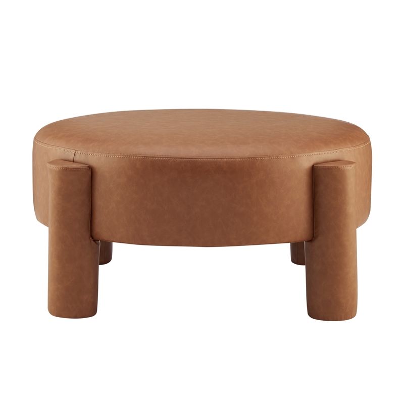 New Pacific Direct Elora Faux Leather Round Ottoman in Vintage Cider