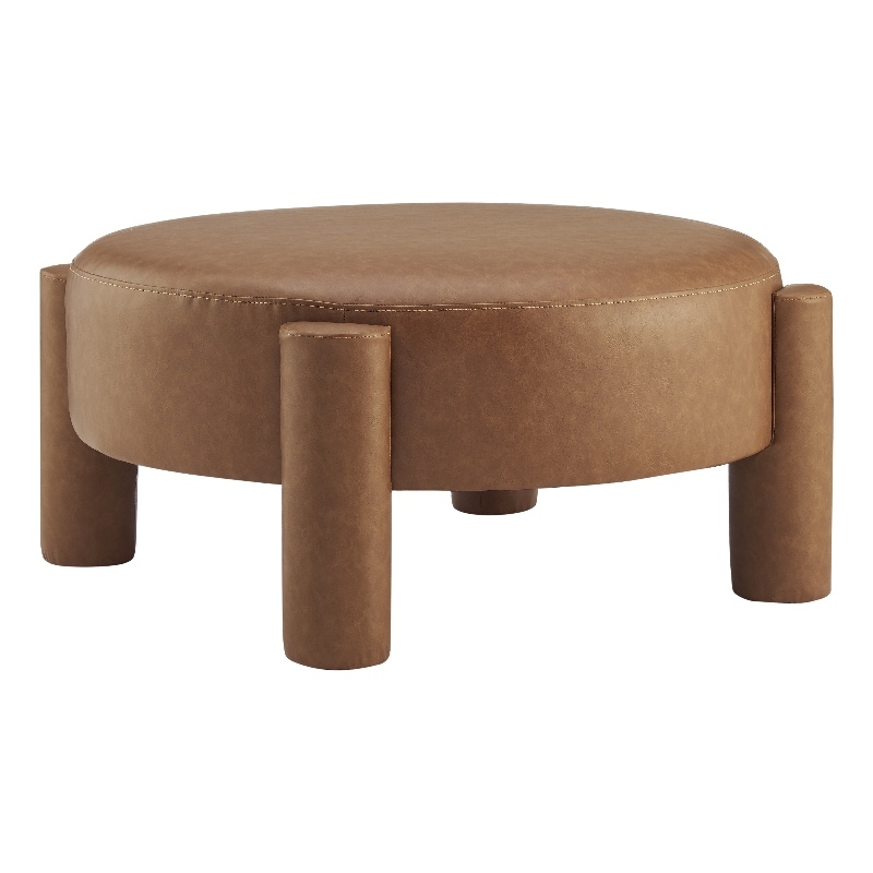 New Pacific Direct Elora Faux Leather Round Ottoman in Vintage Cider