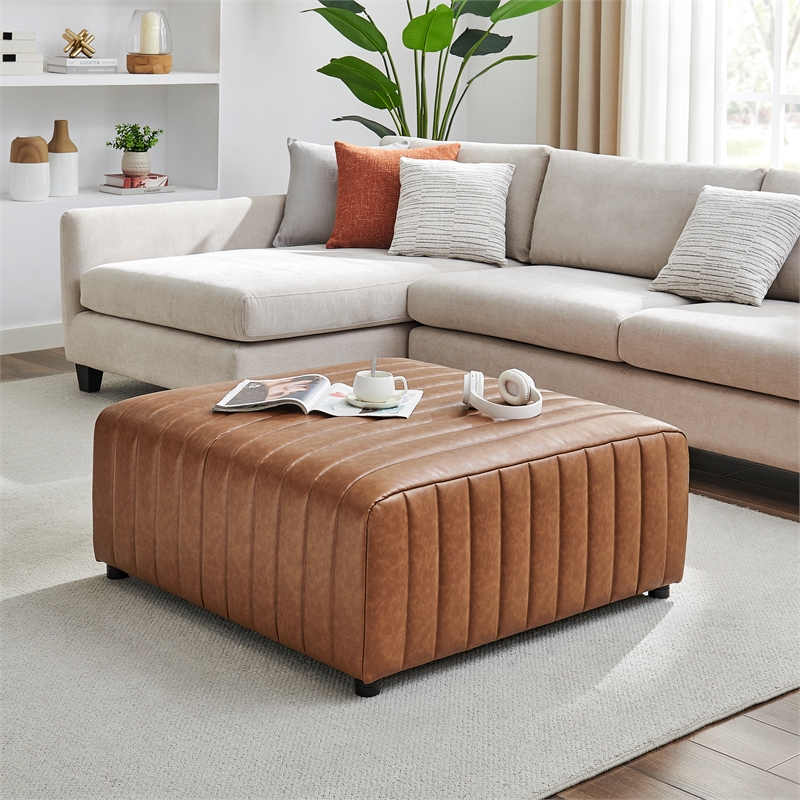 NPD Furniture Harland Faux Leather Square Coffee Table/Ottoman in Brown