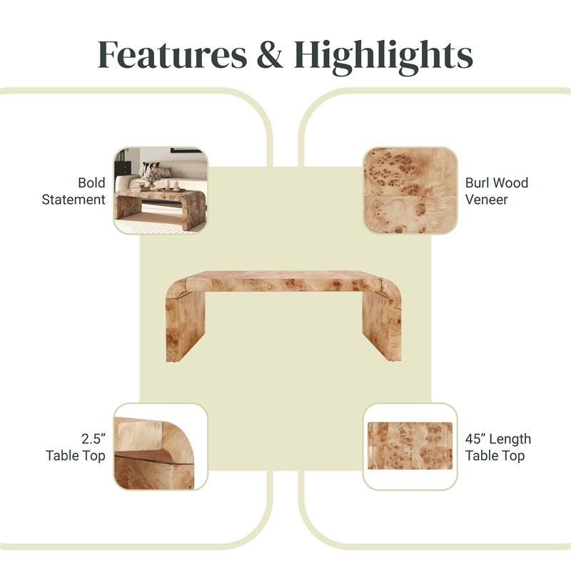 NPD Furniture Adriel Burl Wood Coffee Table in Natural Burl