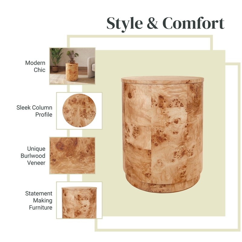 NPD Furniture Arsenio Burl Wood Round Side/End Table in Natural Burl