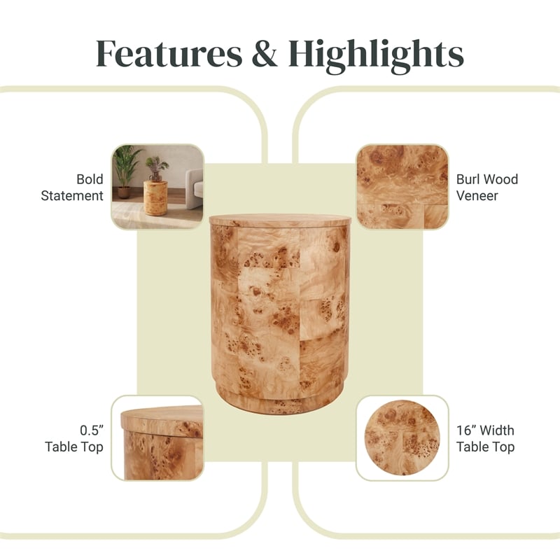 NPD Furniture Arsenio Burl Wood Round Side/End Table in Natural Burl