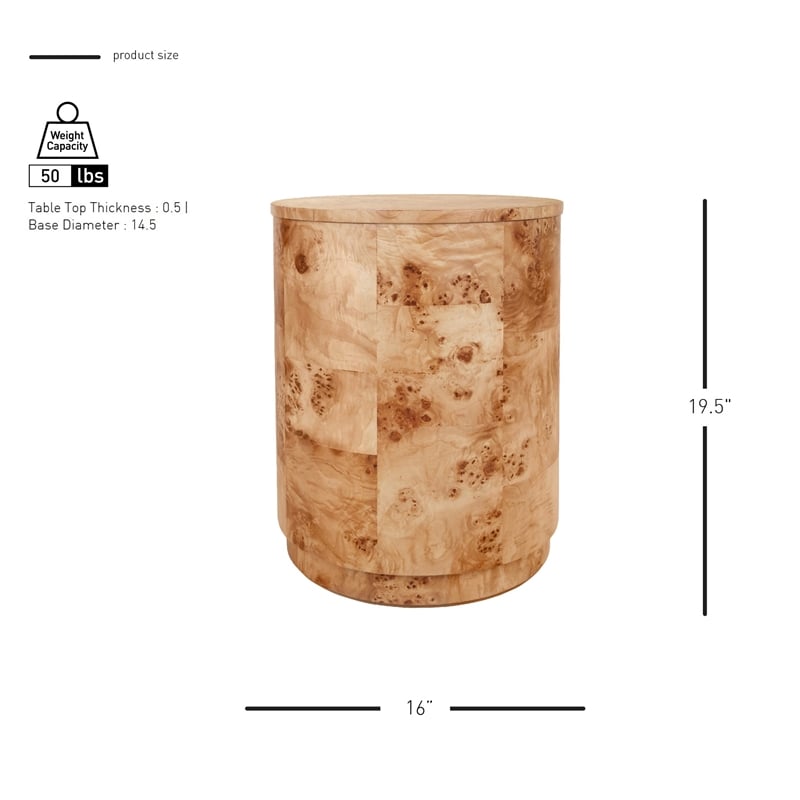NPD Furniture Arsenio Burl Wood Round Side/End Table in Natural Burl
