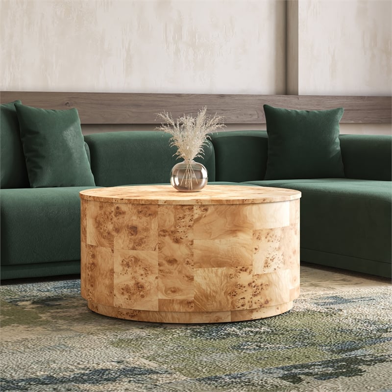 NPD Furniture Arsenio Burl Wood Round Coffee Table in Natural Burl