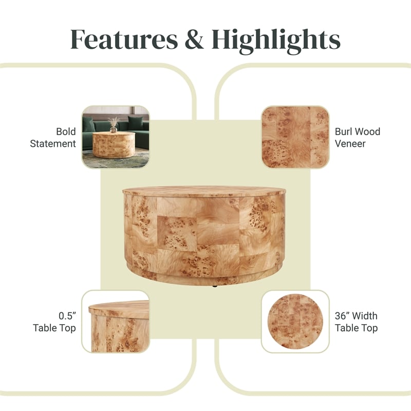 NPD Furniture Arsenio Burl Wood Round Coffee Table in Natural Burl