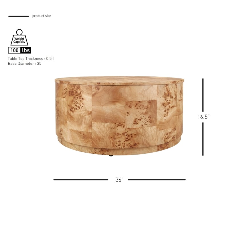 NPD Furniture Arsenio Burl Wood Round Coffee Table in Natural Burl