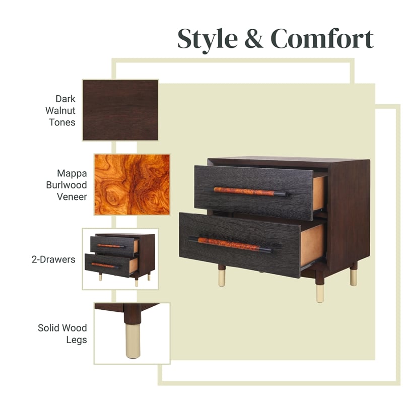 NPD Furniture Callan Nightstand/Side Table 2 Drawers in Dark Walnut