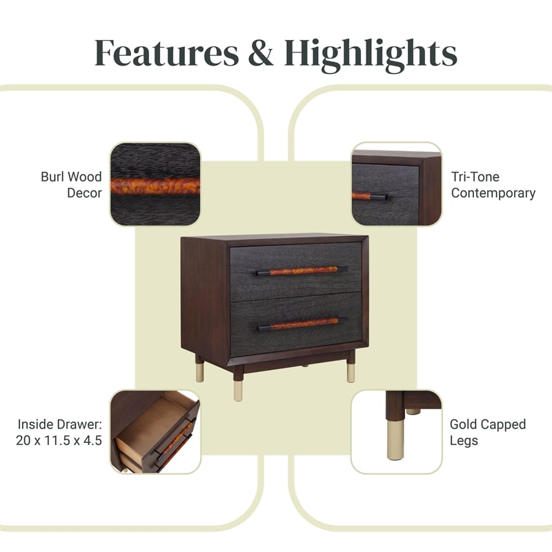 NPD Furniture Callan Nightstand/Side Table 2 Drawers in Dark Walnut