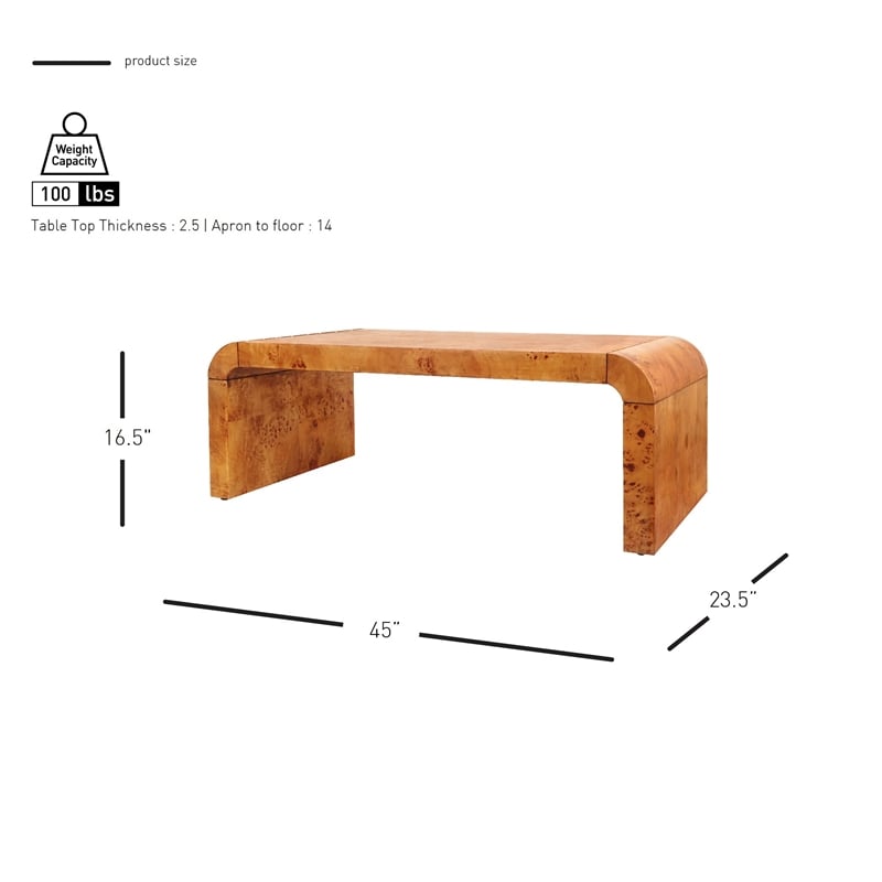 NPD Furniture Adriel Burl Wood Coffee Table in Golden Brown Burl