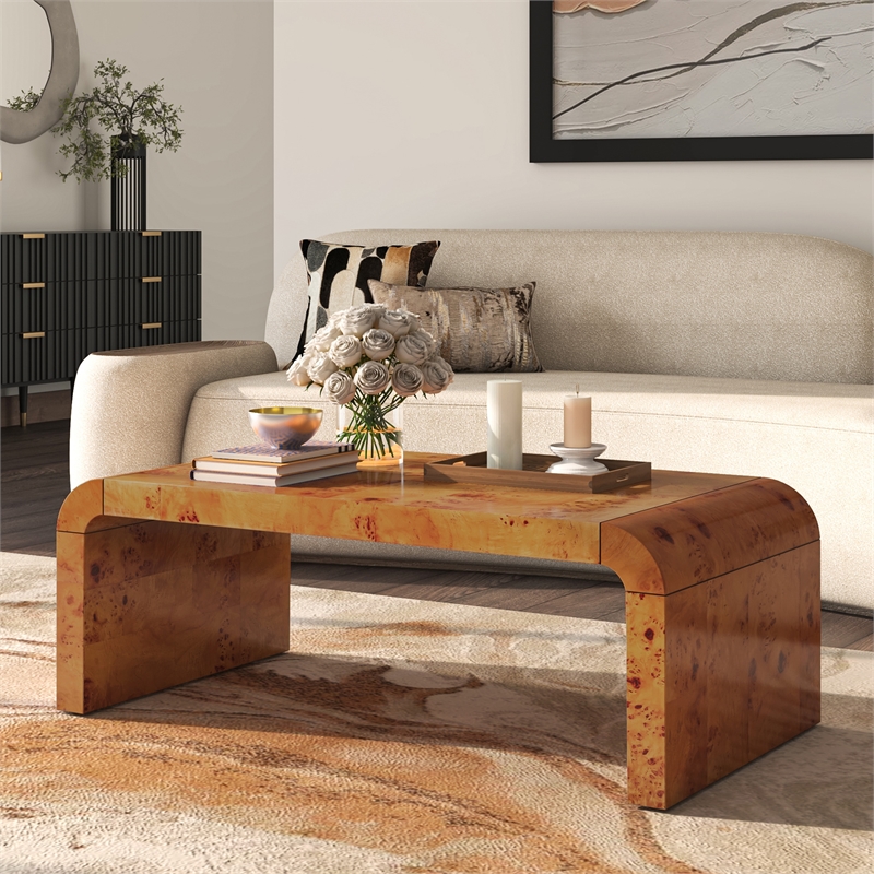 NPD Furniture Adriel Burl Wood Coffee Table in Golden Brown Burl