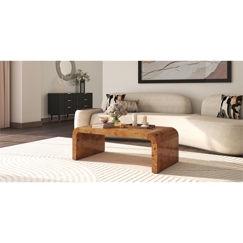 NPD Furniture Adriel Burl Wood Coffee Table in Golden Brown Burl