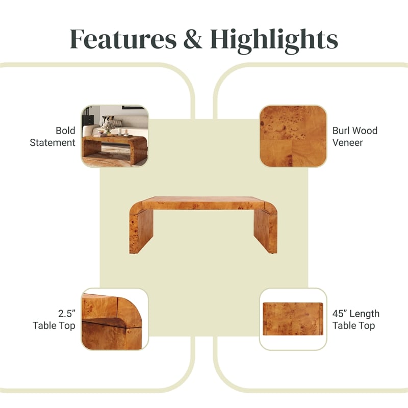 NPD Furniture Adriel Burl Wood Coffee Table in Golden Brown Burl